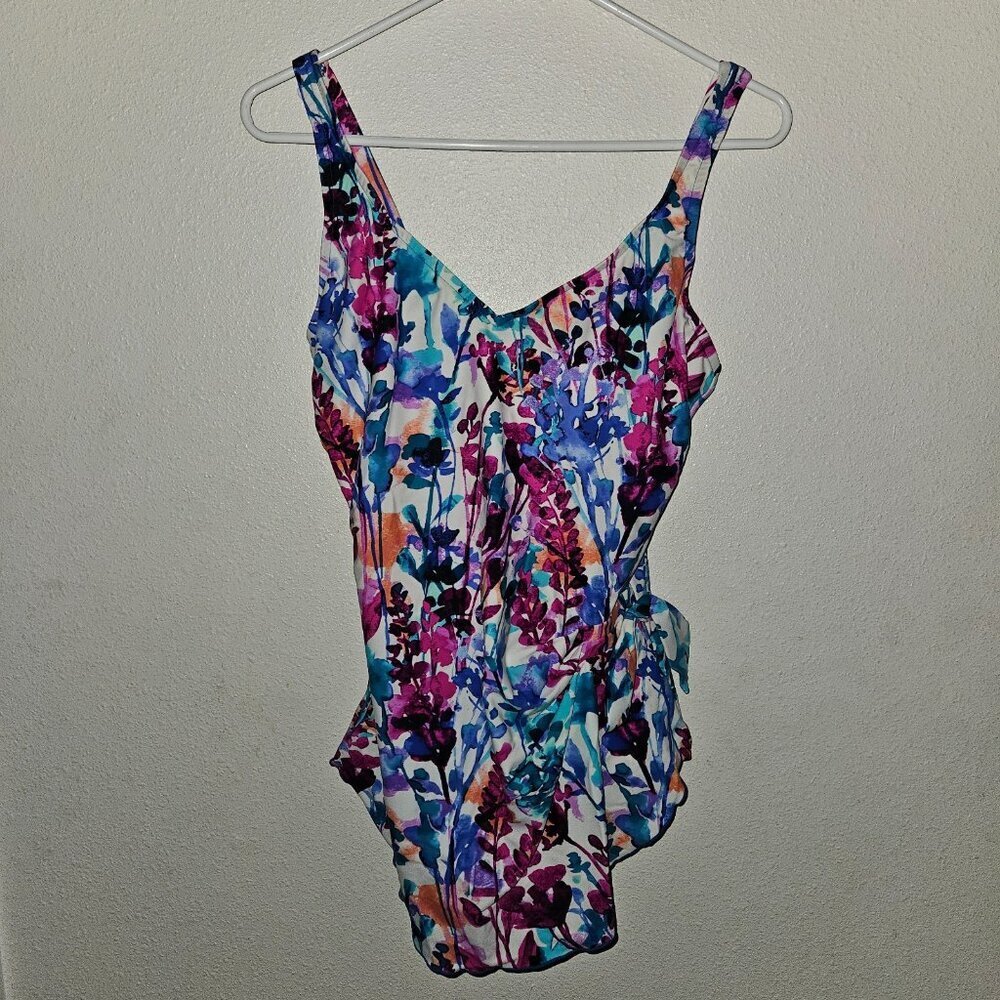 Maxine of Hollywood 1-Piece Swimsuit Size 12 Blue Pink Floral Print Built in Bra